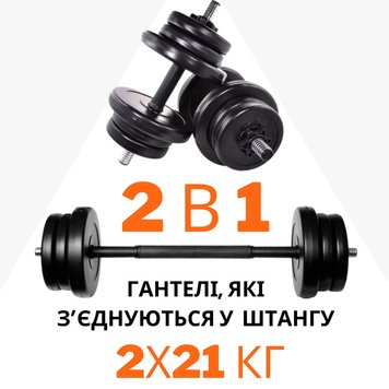 2в1. Гантелі 2х21 кг + перехідник під штангу на 42 кг. Гантелі – трансформер. Розкладні для дому, спортзали BD-TR21 фото